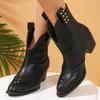 2025Block Heel Leather Boots New Round Toe Rhinestone Sleeve Non-slip Wear-resistant All-match Booties for Autumn and Winter