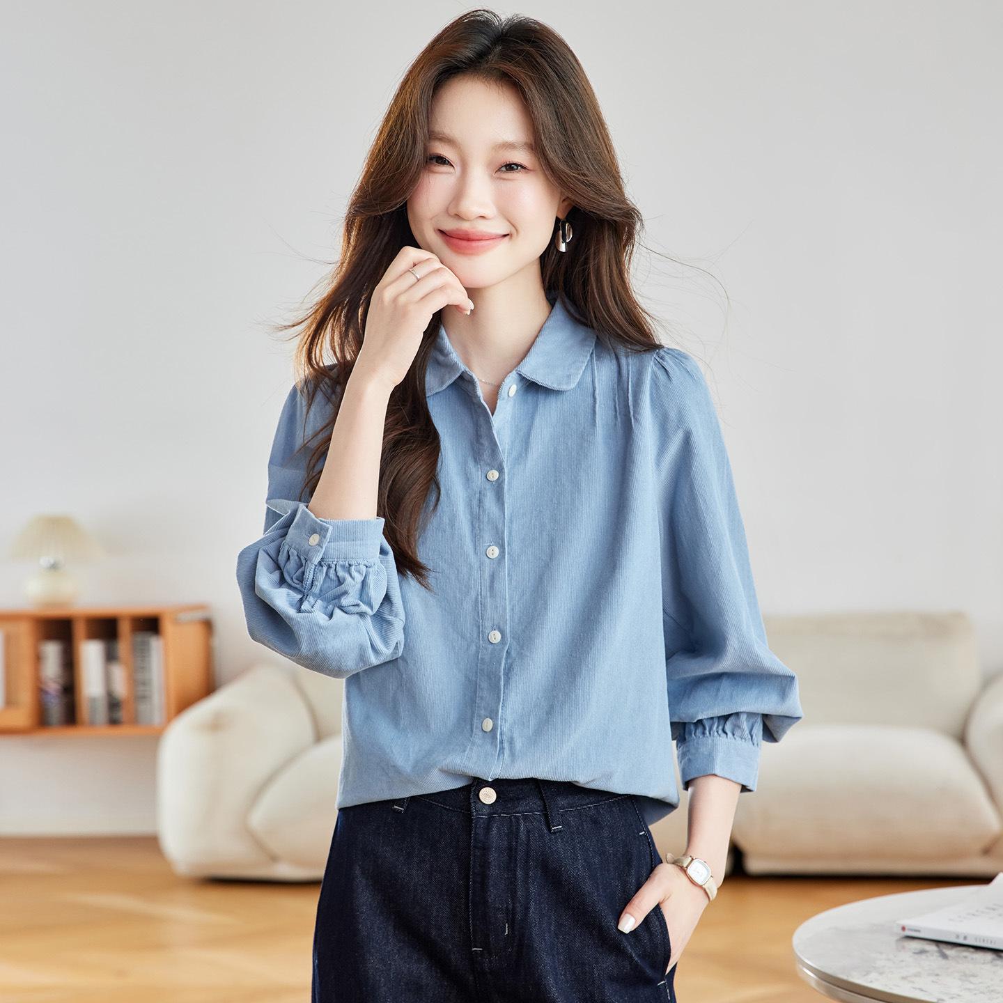 

Женский осенний вельветовый кардиган с длинным рукавом и плиссированным лацканом Large