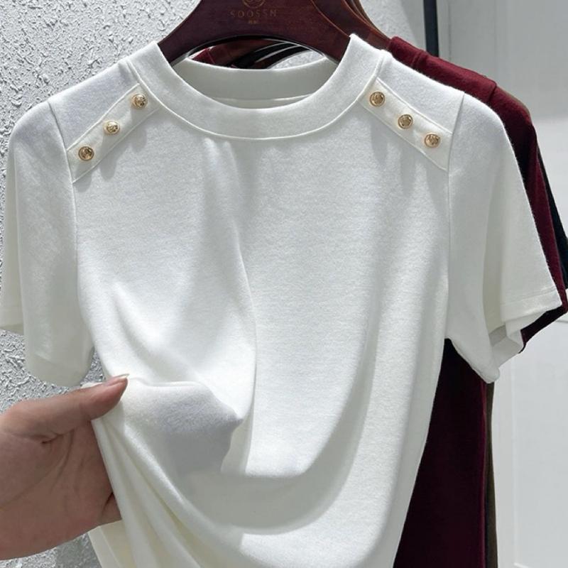 Summer New Cotton Round Neck Short Sleeve T-shirt Women's Solid Patchwork Button Korean Simple Fashion Casual Versatile Top 2024