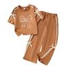Girls' Fashionable Caramel-colored Bow Tie Set for Summer Children's Casual Short-sleeved Wide-leg Pants Two-piece Set