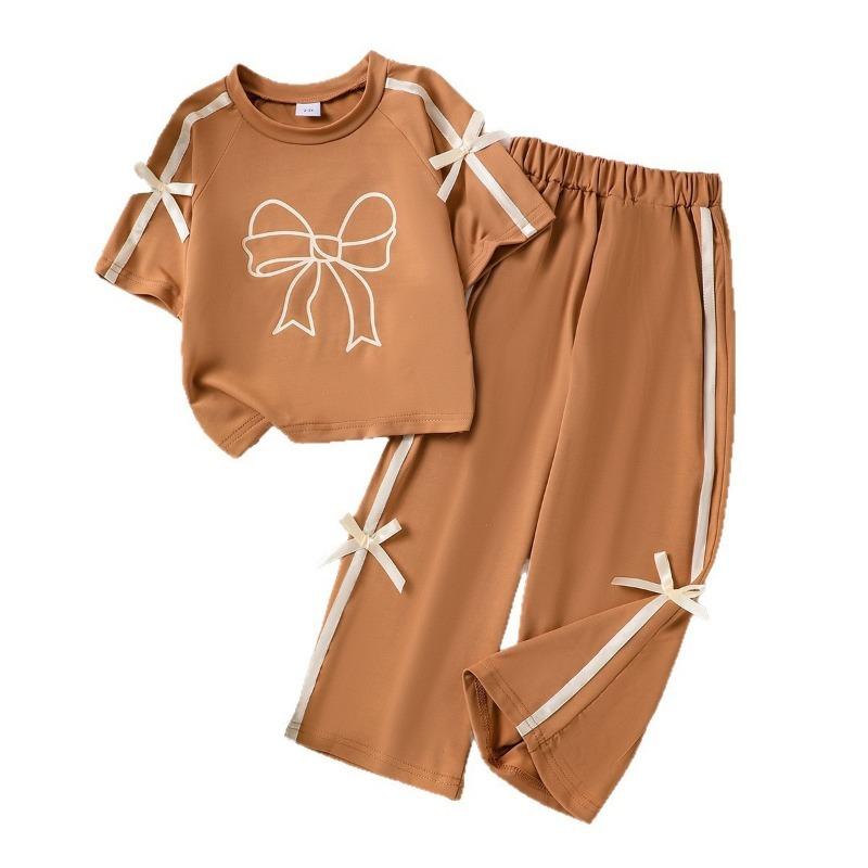 Girls' Fashionable Caramel-colored Bow Tie Set for Summer Children's Casual Short-sleeved Wide-leg Pants Two-piece Set