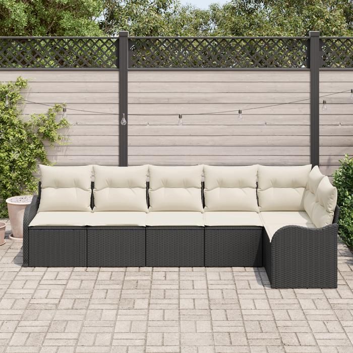 Ensemble de canapé de jardin 6 pièces avec coussins noir en poly rotin, Canapé de jardin 2 places avec rangement et coussins 3354386