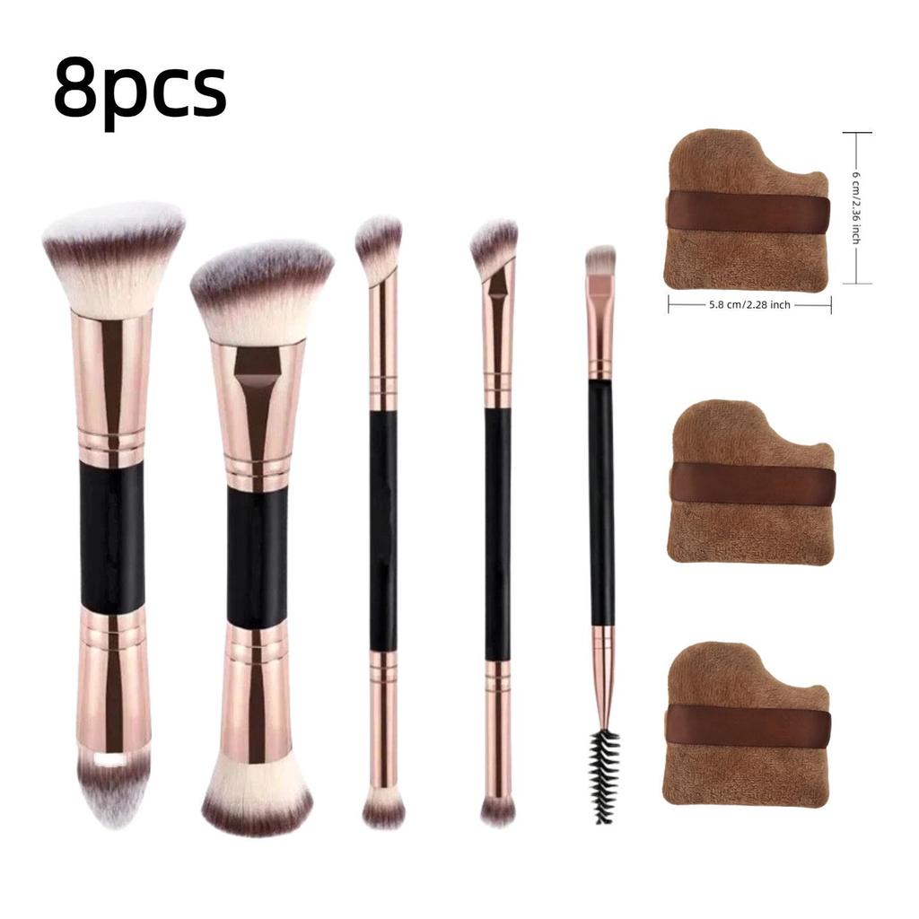 5 Double-Ended Makeup Brushes: Foundation, Blush, 3-Color Contour, Soft Bristle, Loose Powder, Beauty Tool Set
