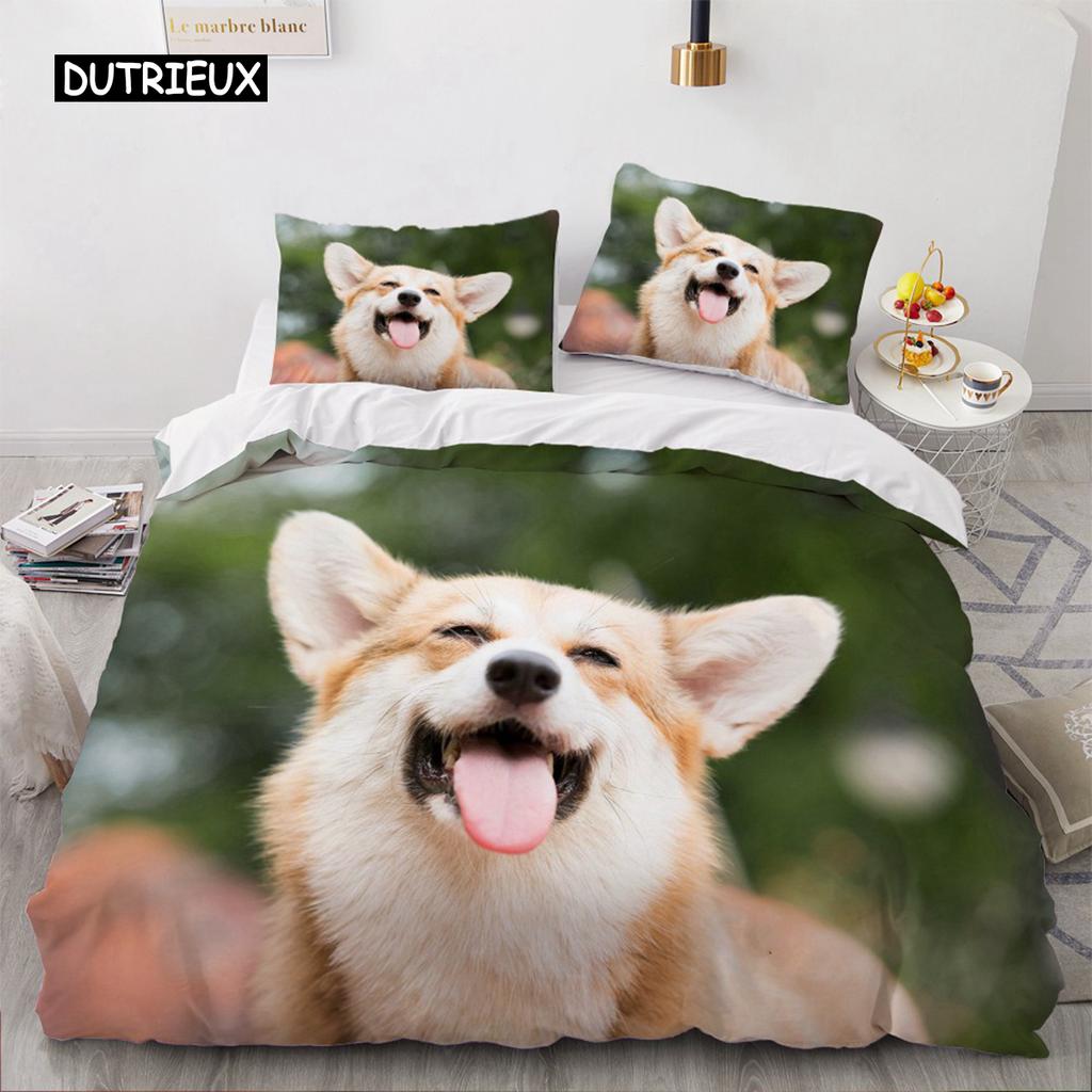 Lovely Animal 3D Bedding Sets White Duvet Quilt Cover Set Comforter Bed Linen Pillowcase King Queen 200*220cm Size Dogs Pets Dog
