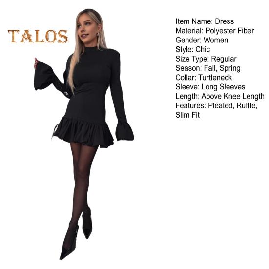 Minikleid für Damen, plissierter Rüschensaum, schmale Passform, Hornärmel, einfarbig, kurzes Kleid, elastischer Rollkragen, Club-Partykleid für Herbst und Frühling