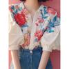Summer New Floral Printing Shirt Women Half Lantern Sleeve Cardigan Blouse Female Elegant All-match Button Top