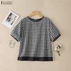 ZANZEA Women Grid Print Casual Round Neck Loose Short Sleeve Blouse