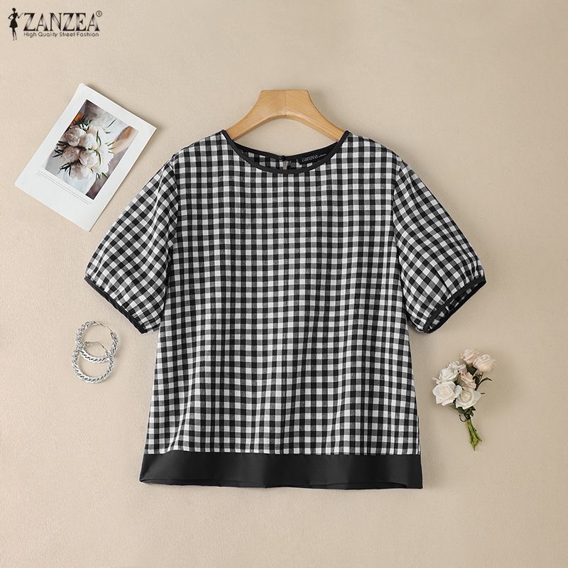 ZANZEA Women Grid Print Casual Round Neck Loose Short Sleeve Blouse
