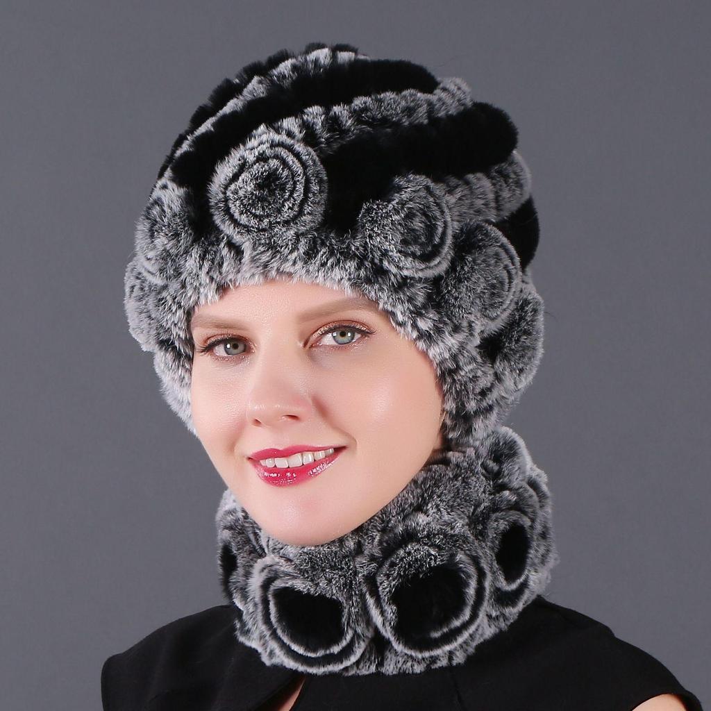 Wholesale New High-quality Rex Rabbit Fur Accessories Autumn and Winter Women's Versatile Warm Hat Scarf Two-piece Set