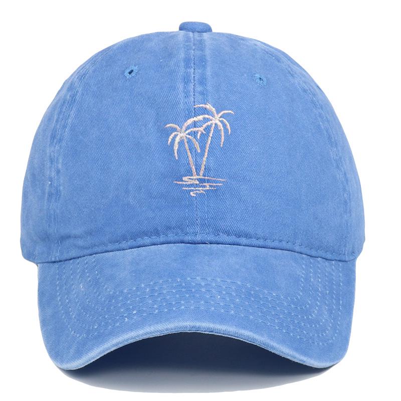 Coconut Tree Embroidered Washed Retro Duckbill Cap - Distressed Unisex Curved Brim Baseball Hat.