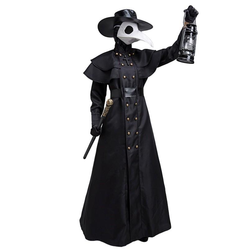 Costume Steampunk Medievale Dottore della Peste per Adulti Coppie Outfit Cosplay di Halloween Nero S-5XL