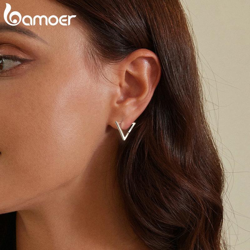 BAMOER 925 Silver Small Triangle Earrings for Women Geometric Hoop Earrings Hypoallergenic Earrings for Women Girls