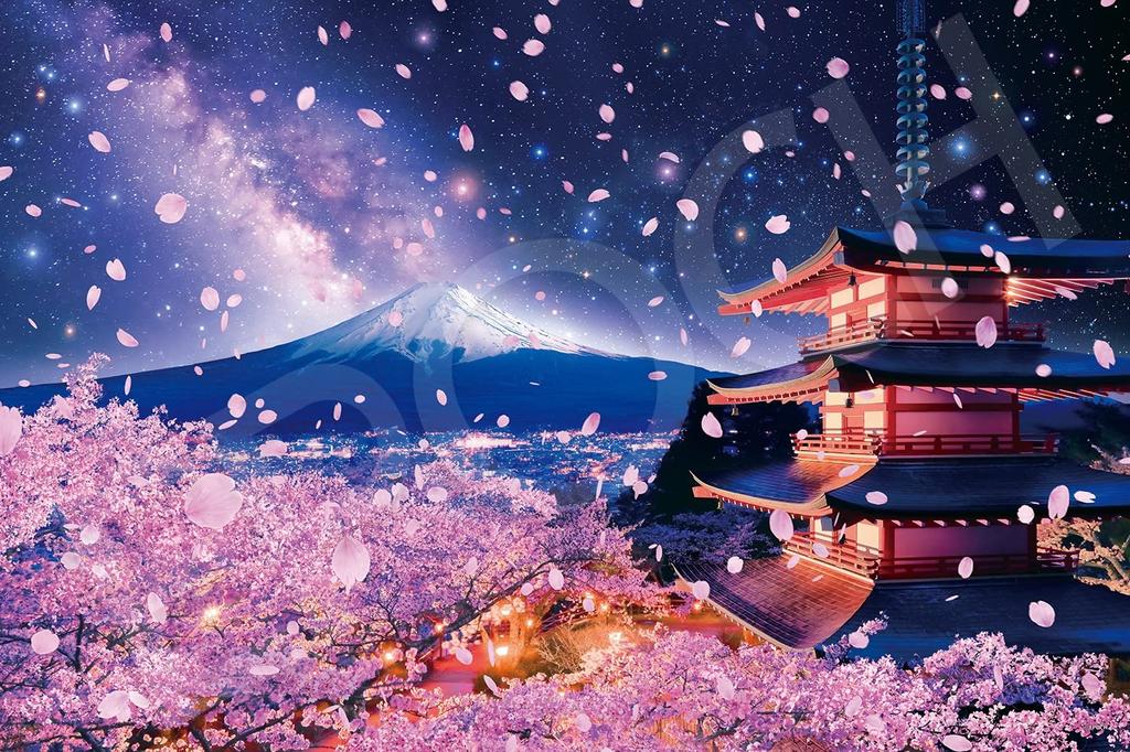 Epoch Very Small Piece Jigsaw Puzzle Japan Landscape Night Cherry Blossoms Mount Fuji Asama Shrine 50×75cm Adhesive Spatula Ticket
