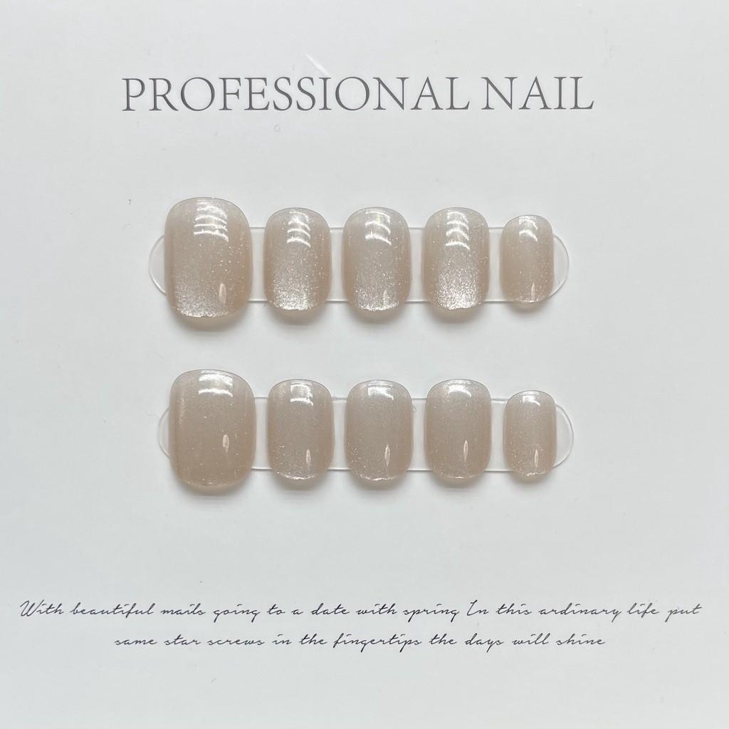 HANDMADE Square Round Artificial Nail Art Champagne Nude Cat'S Eye Pure Color Short Colorful Gentle Cream Rainbow Fake Nails Reusable