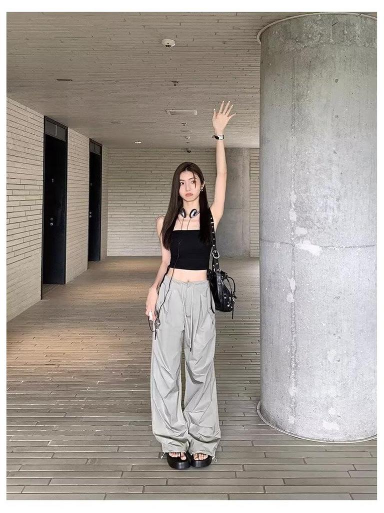 Women's High-Waisted Parachute Cargo Pants - Lightweight, Quick-Drying, Wide-Leg Casual Sportswear for Spring/Summer.