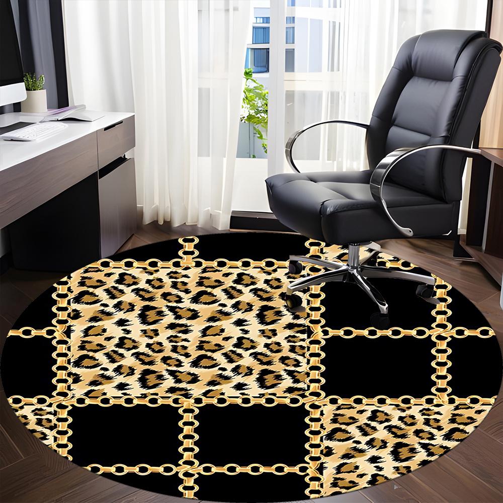 1pc Leopard Print Chain Office Round Area Rug, Indoor Mat Suitable ForOffice, Under Office Chairs Bedroom Living Room Home Decor, Room Deco Q086