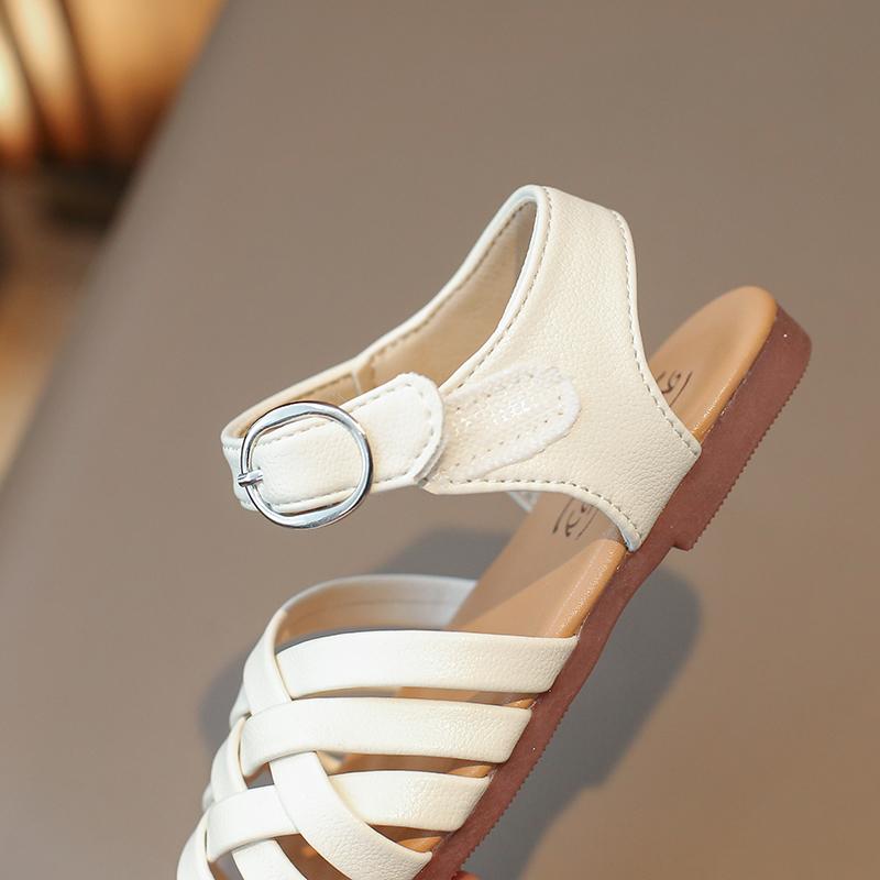 Girls' Sandals 2024 Summer New Children's Buckle Open Toe Beach Shoes Soft Bottom Woven Little Girl Princess Shoes