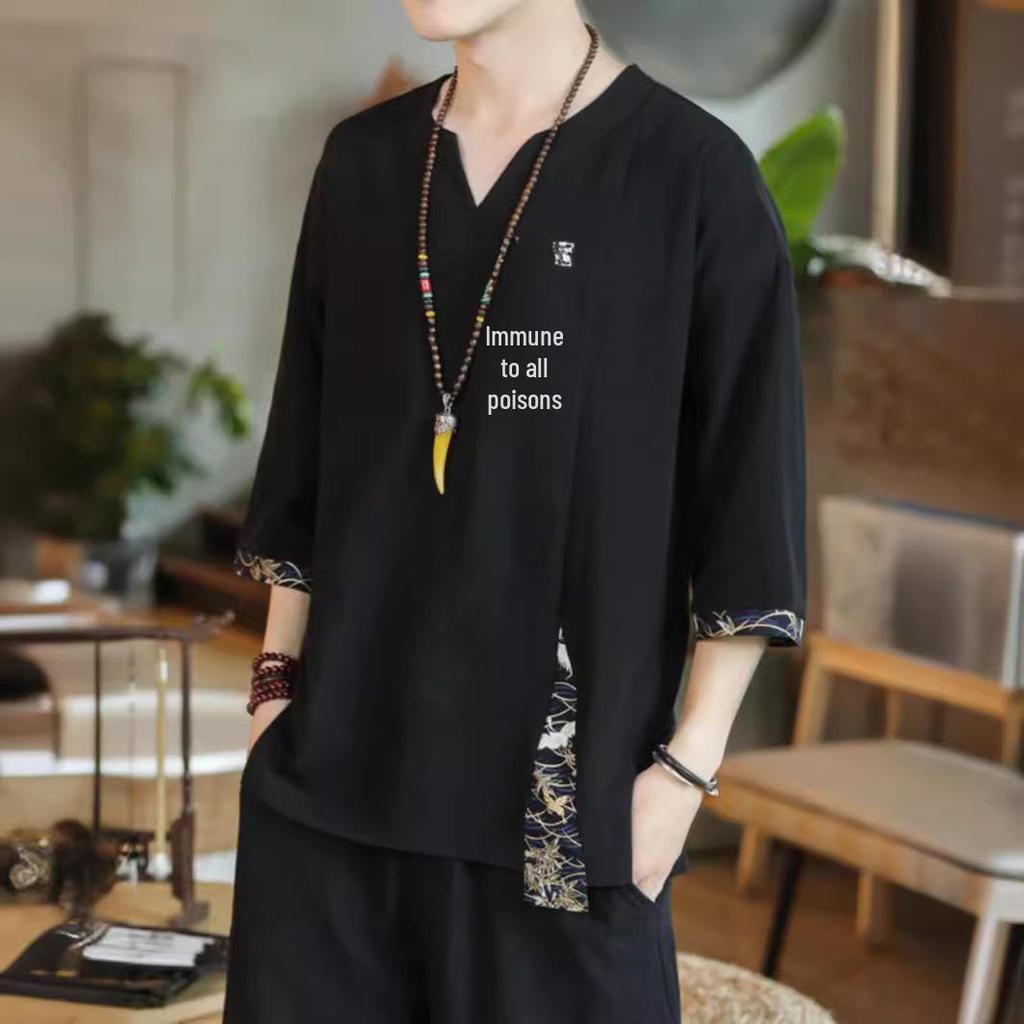 Herren Retro Stil Leinen V-Ausschnitt Besticktes T-Shirt, Lockere Passform, Dreiviertelärmel, Große Größe