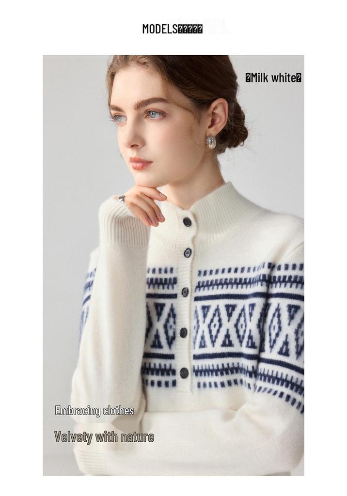Women's Ethnic Style Fair Isle Jacquard Cashmere Half-Zip Sweater - Loose Fit, Thick Knit Winter Top