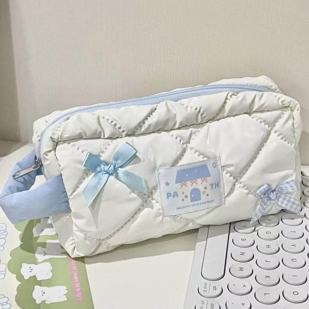Large Capacity Milk White Butterfly Bow Pencil Case Cute Layered Storage Pencil Bags Portable Students Stationery Storage Bag