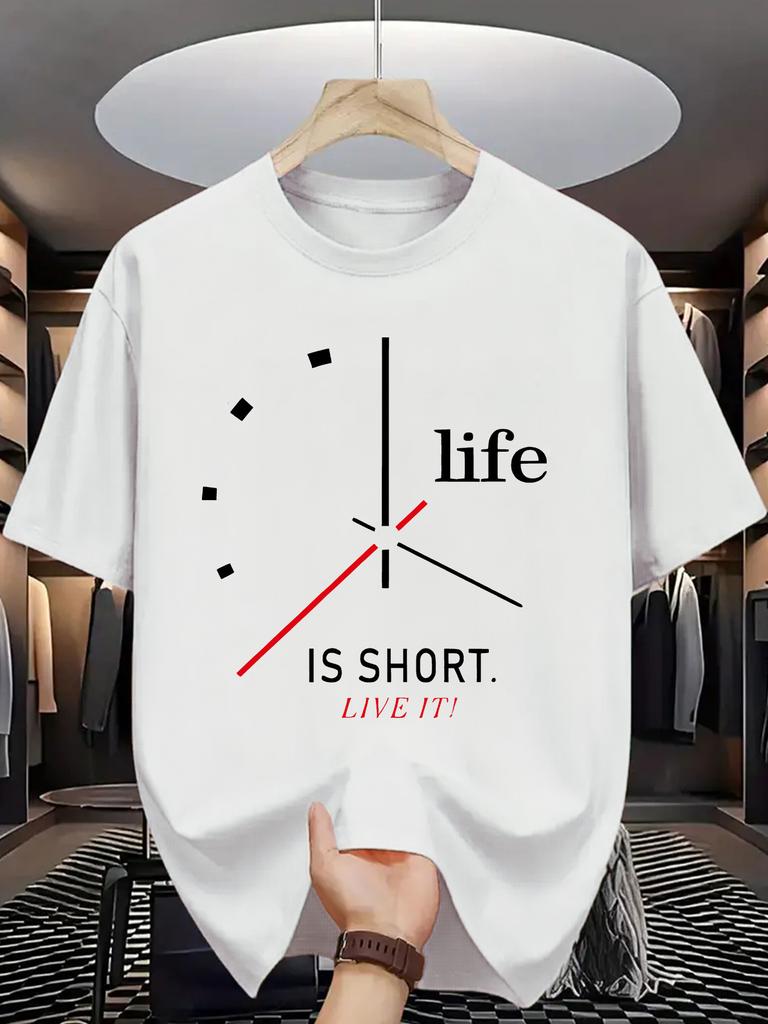 Unisex Crew Neck Tee Clock Life Short Quote Letter Graphic Print Soft Cotton Loose Short Sleeve Summer Casual Male Streetwear Tops