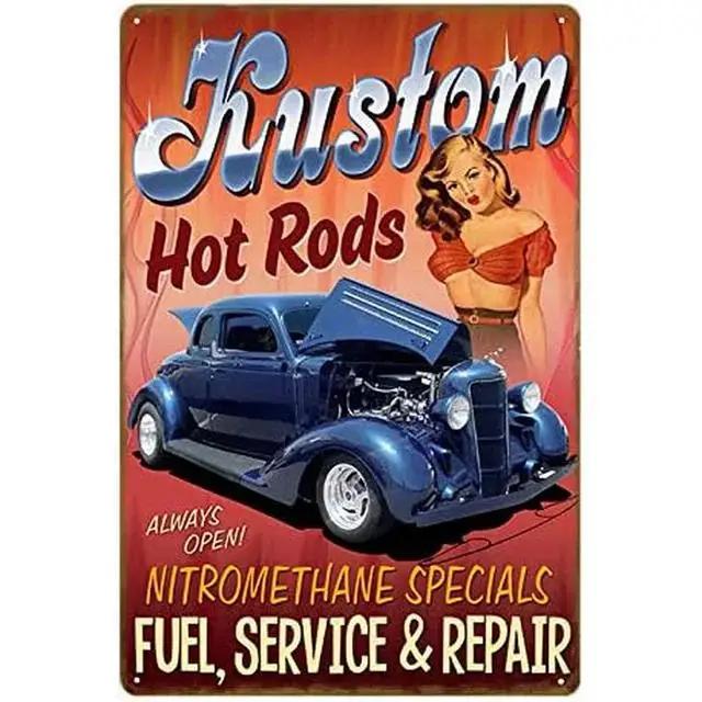 Vintage Pinup Girl Hot Street Rods Garage Full Service Route Auto Mechanics Metal Tin Sign for Rural Wall Decor Retro Poste