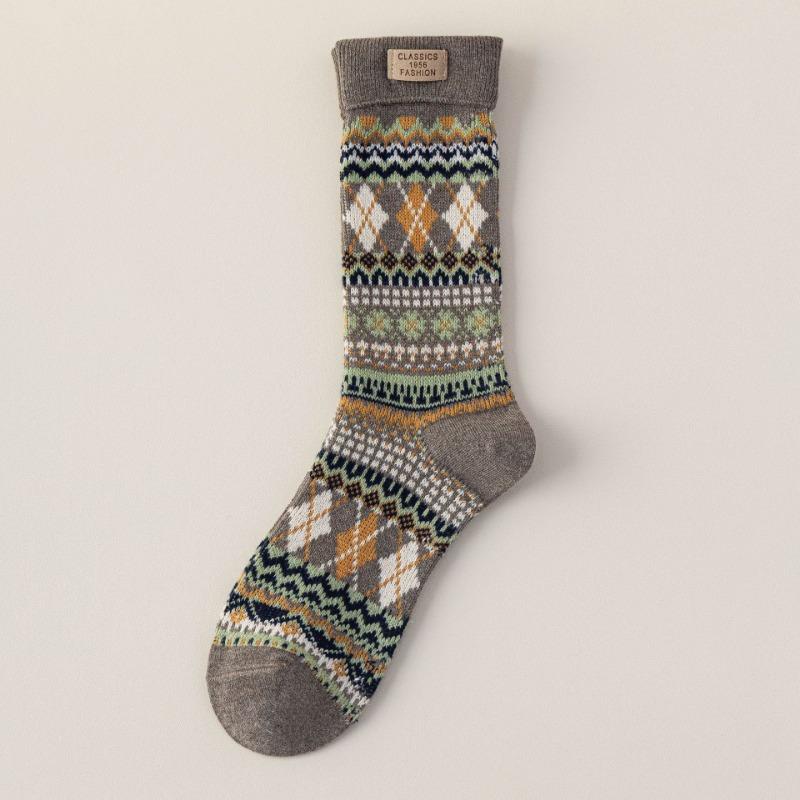 Ladies Autumn and Winter Retro Double Needle Double Road Cloth Standard Ethnic Style Pile Pile Cotton Socks