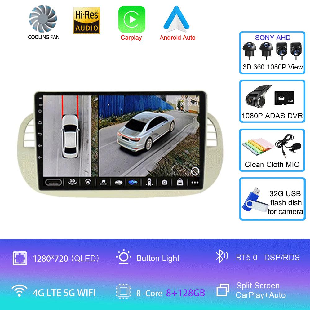 Car Radio Android 14 For Fiat 500 Navigation GPS Multimedia Player Stereo 5GWiF+4G SIM BT Wireless Auto Carplay 360 Camera 2 DIN