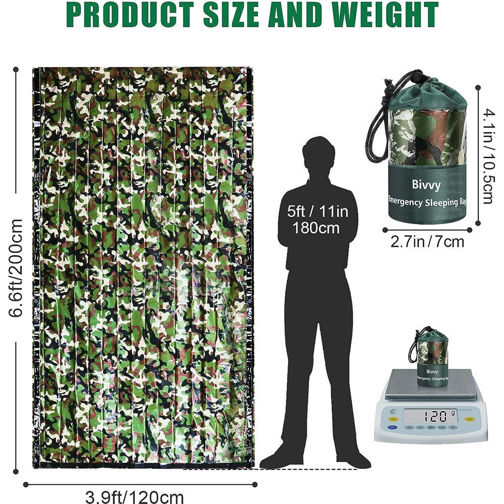 PE-Notfallschlafsack, Camouflage, wasserdicht, tragbar, Survival, 120 x 200 cm, Schlafsack für Outdoor-Camping, Wandern, Abenteuer