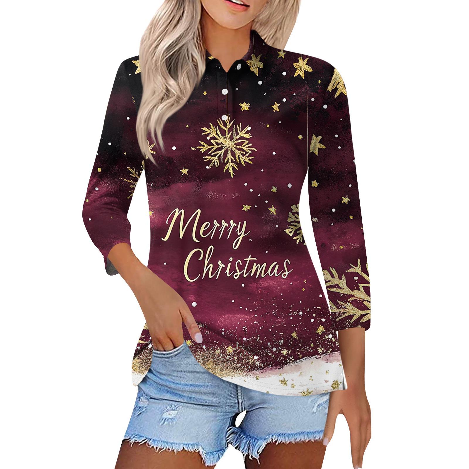 

Women s Fashion Casual Lapel Short 3/4 Sleeve Christmas Print Shirt Women s Button Up Tops L