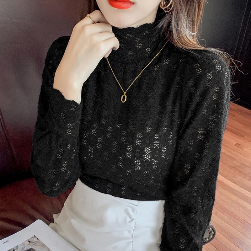 

Осінньо-зимова жіноча мереживна сорочка з напіввисоким вирізом і довгим рукавом XL чорний