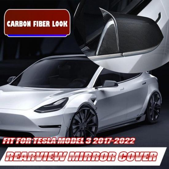 Carbon Fiber Style Horn Rear View Side Mirror Covers Cap For Tesla Model 3 17-23