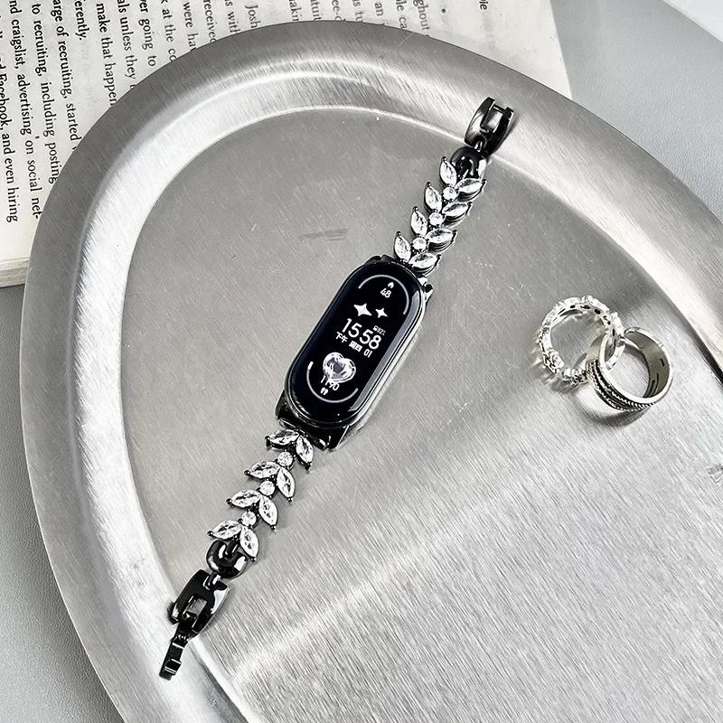 

Luxury Diamond Metal Watch Strap for Mi Band 6 5 Mermaid Diamond Bracelet for Xiaomi Mi Band 9 8 7 NFC Correa Replacement Strap for Mi 6 5 with case чорний