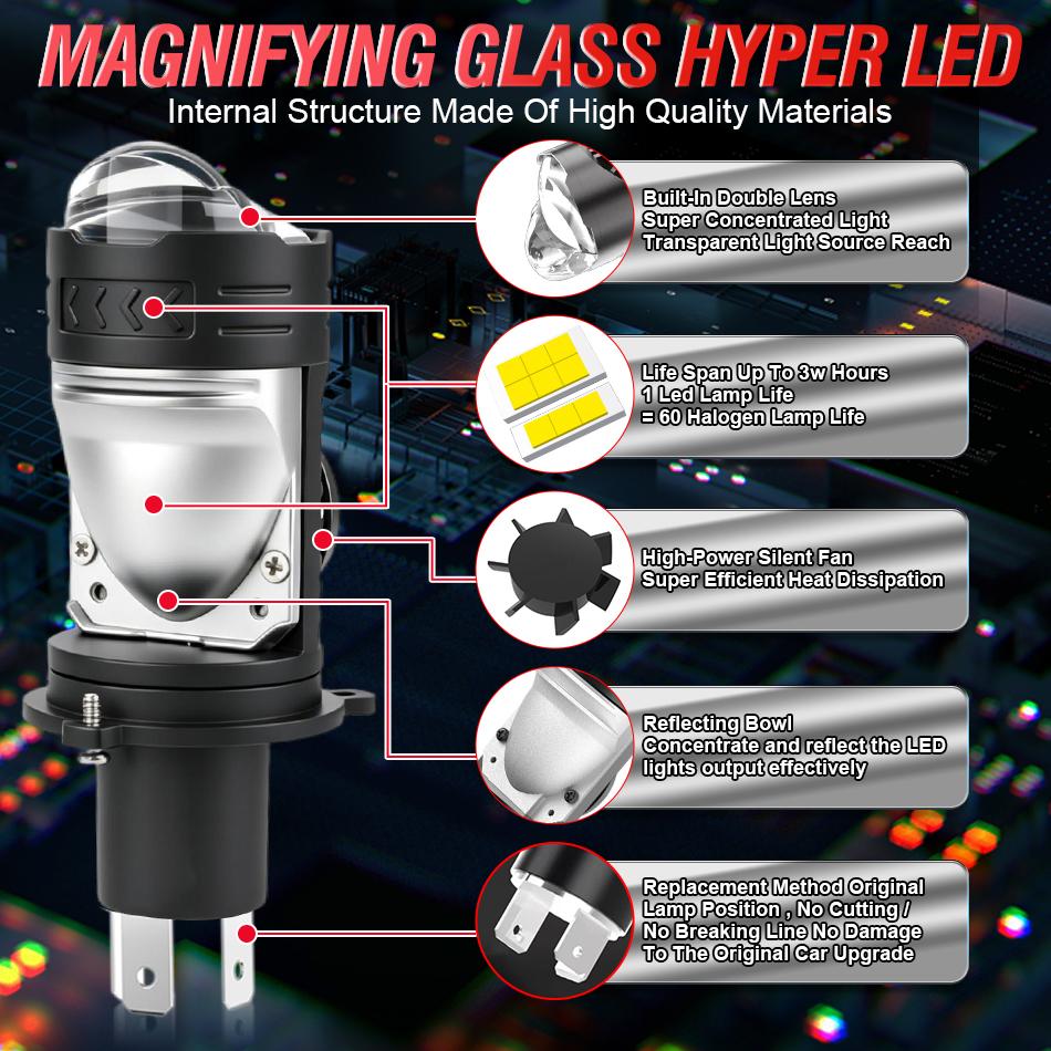 Bullvision 1PC H4 LED Lens Mini Bi Led Projector 800W Headlights CANBUS 9003 HB2 High Low Beam 6000K Motorbike Turbo Lamps