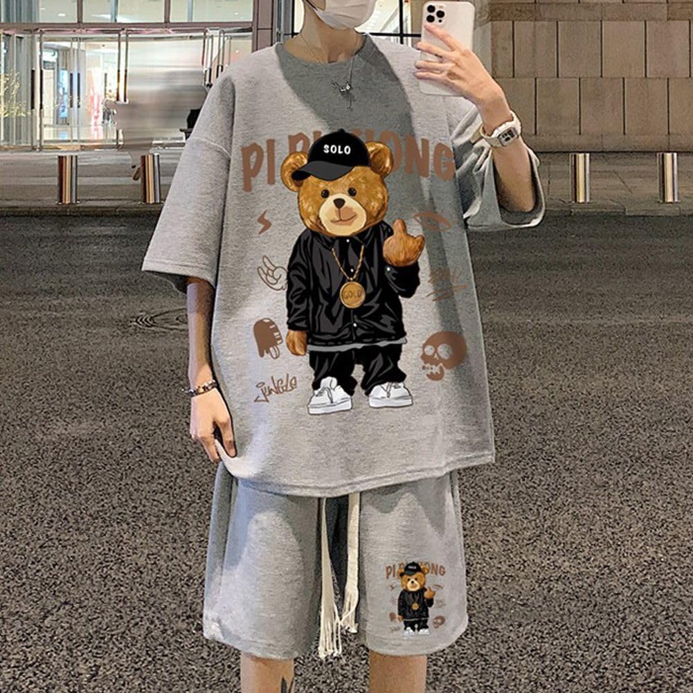 FJLTDCP Men's 2-Piece Set, Short Sleeve T-Shirt and Shorts, Casual Loungewear for Spring, Summer, and Fall, Comfortable and Popular, Unisex - Gray-XL