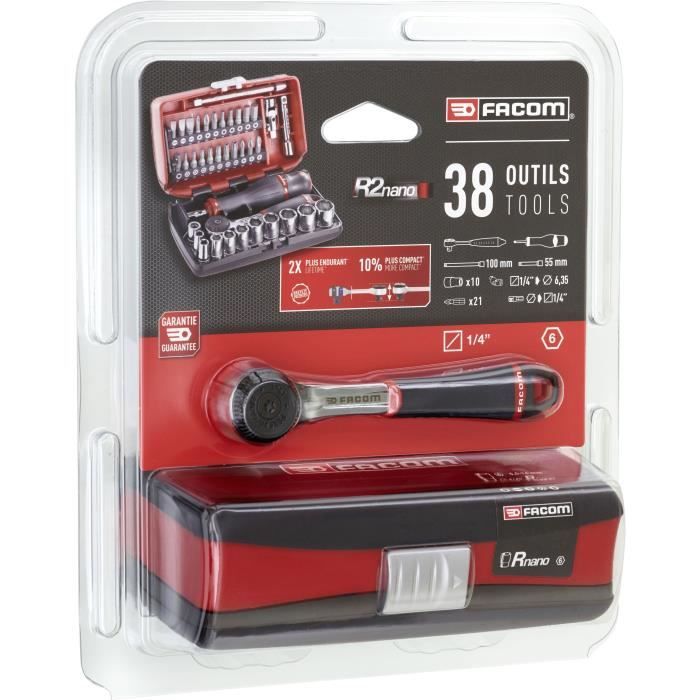 Coffret douilles 1/4'' 6 pans métriques et embouts - FACOM - R2NANOPB - 38 pièces diamètre 5,5 à 14mm