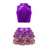 Girls Performance Set Metallic Sleeveless Mock Neck Crop Top Shiny Sequins Tiered Ruffle Skirted Shorts