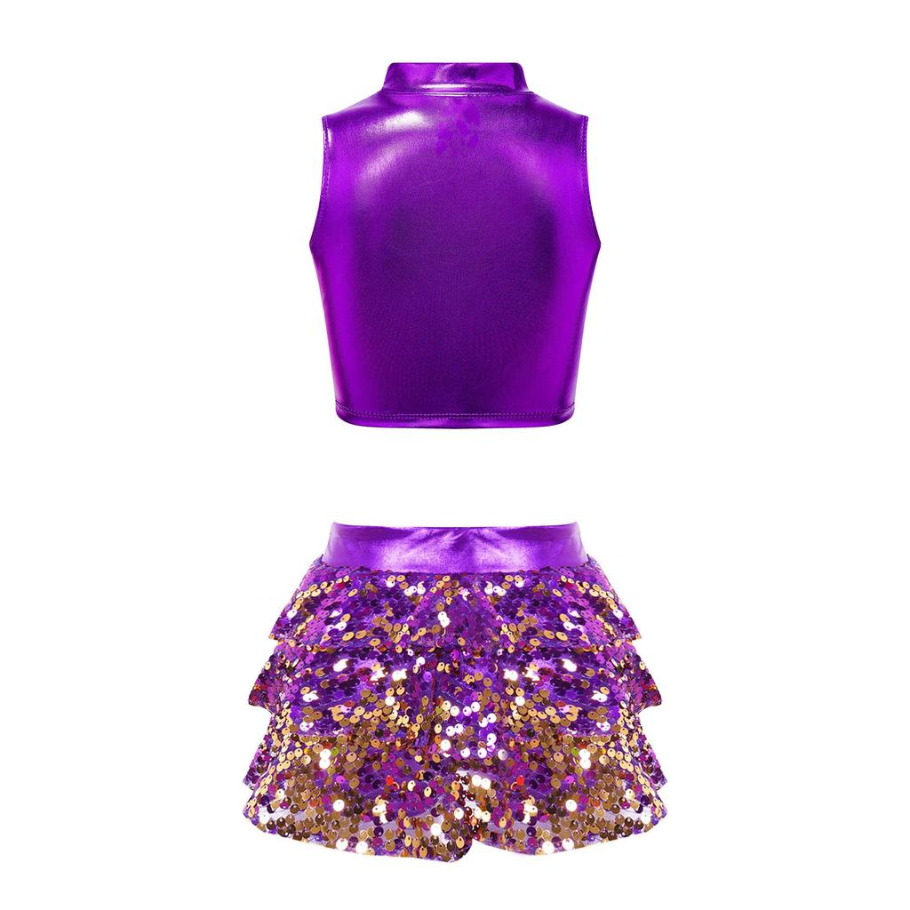 Girls Performance Set Metallic Sleeveless Mock Neck Crop Top Shiny Sequins Tiered Ruffle Skirted Shorts