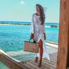 European & American Seaside Vacation Knitted Bikini Cover-Up with Trumpet Sleeves and Hollow Slit Long Skirt