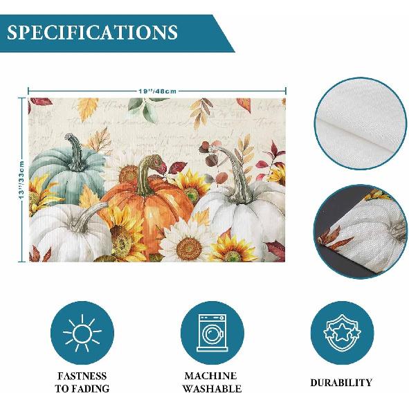 Fall Placemats Set of 6 Thanksgiving Pumpkin Table Mats, Farmhouse Sunflower Seasonal Holiday Outdoor Dining Table Place Mats for Home Party