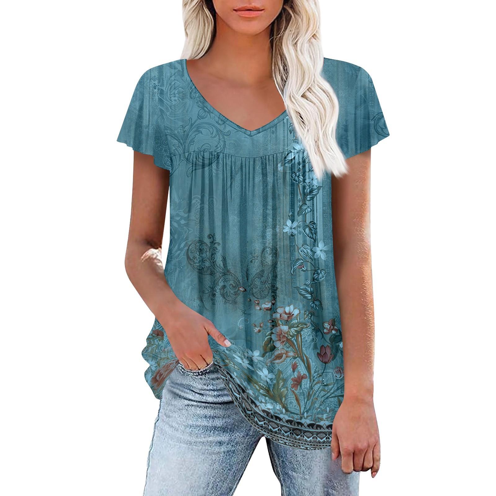 

Женские туники, элегантные повседневные летние рубашки с коротким рукавом, цветочные свободные плиссированные топы в стиле бохо XL светло-синий