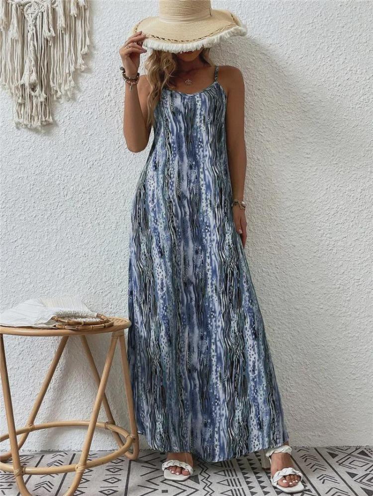 Spring Summer Women Fashion European American Style Printed Suspender Dress