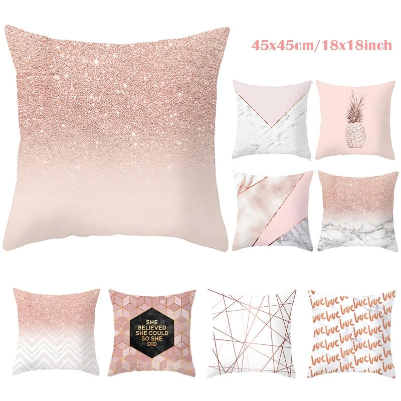Pink Rose Gold Pillow Case Glitter Geometric Cushions Cover Sofa Home