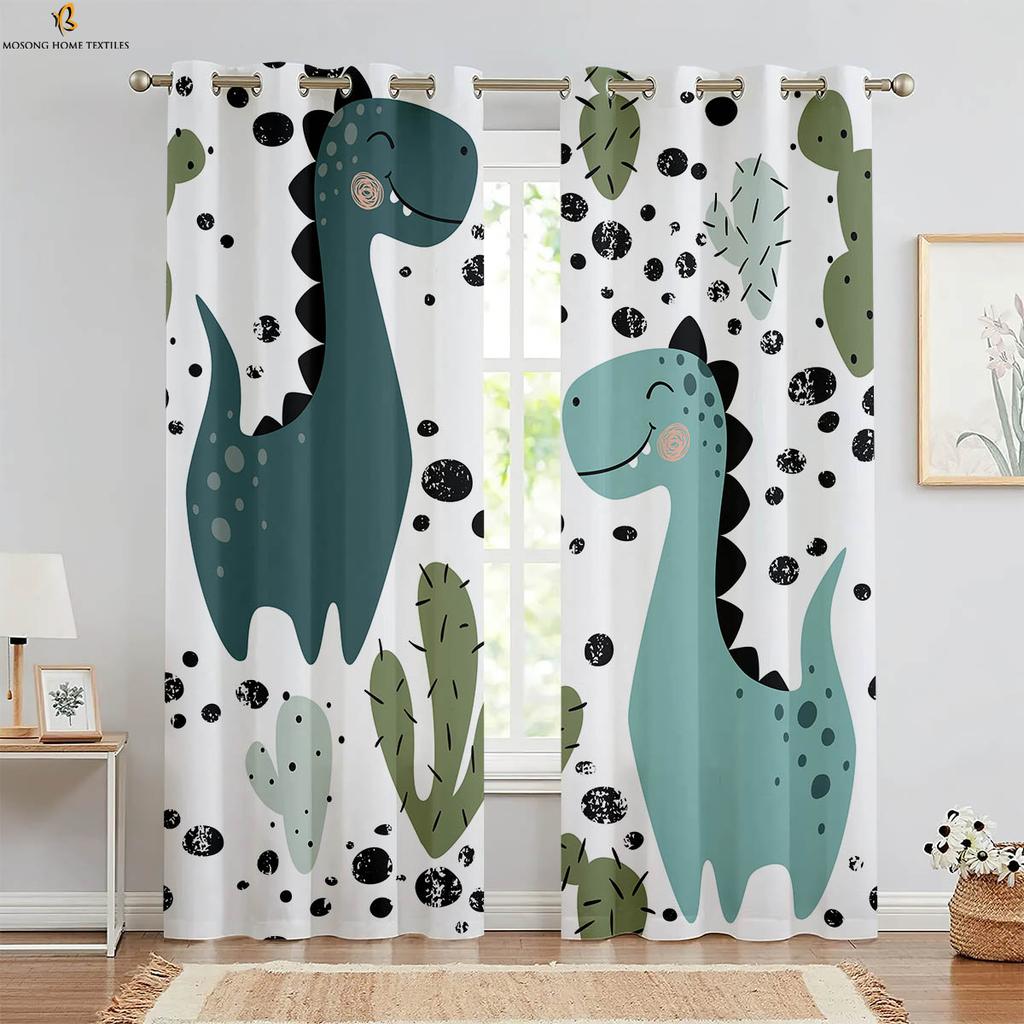Set Of 2 Black White Dinosaur Cartoon Print Curtains Polyester Bedroom Living Room Kitchen Kids Decorative Curtain For Made