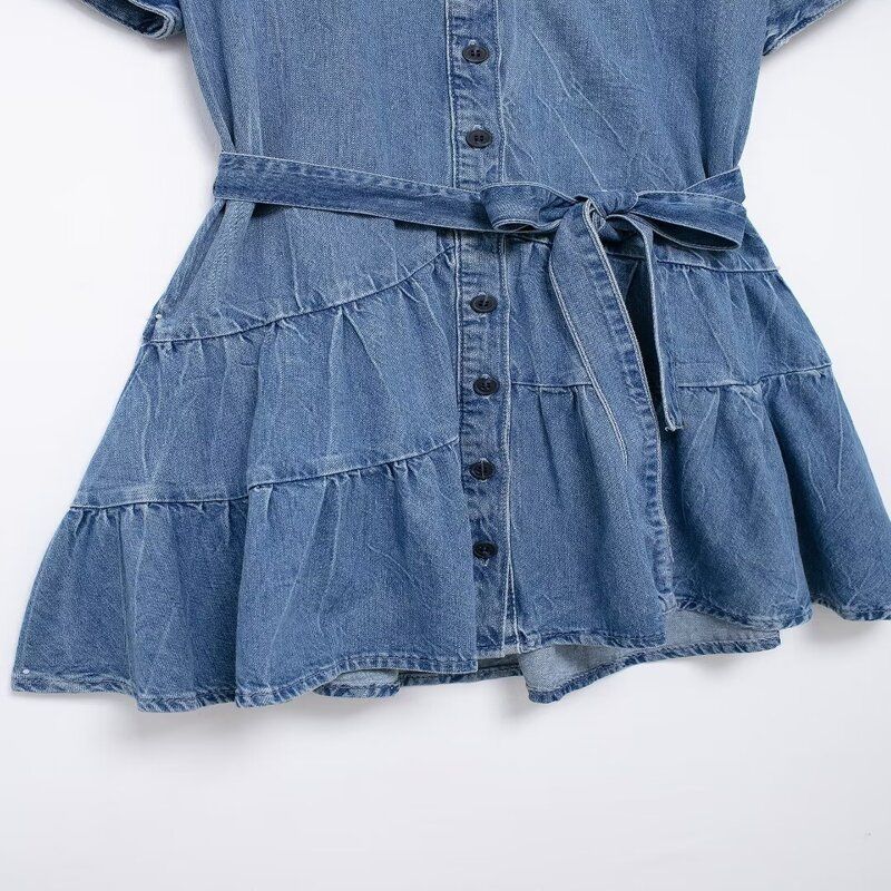 24 Summer New Arrival Women's Rollneck Short-Sleeve Shirt Single-Breasted with Waistband Loose Denim Short Dress 2553046