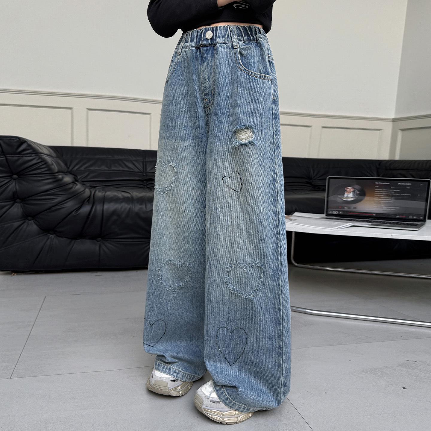 

2026 New Spring & Autumn Girls Jeans: Stylish Ripped Wide-Leg Straight Pants for Medium & Large Children 170 cm синій