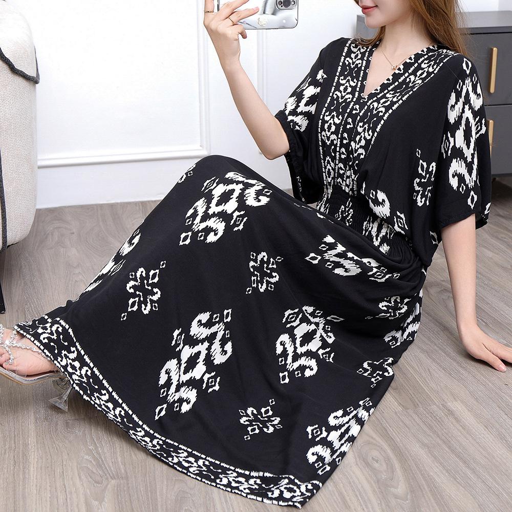 25. Jubiläum Ethnisches V-Ausschnitt Viskose Kurzarm Französisch-Thai Druck Urlaubs Kleid für Damen