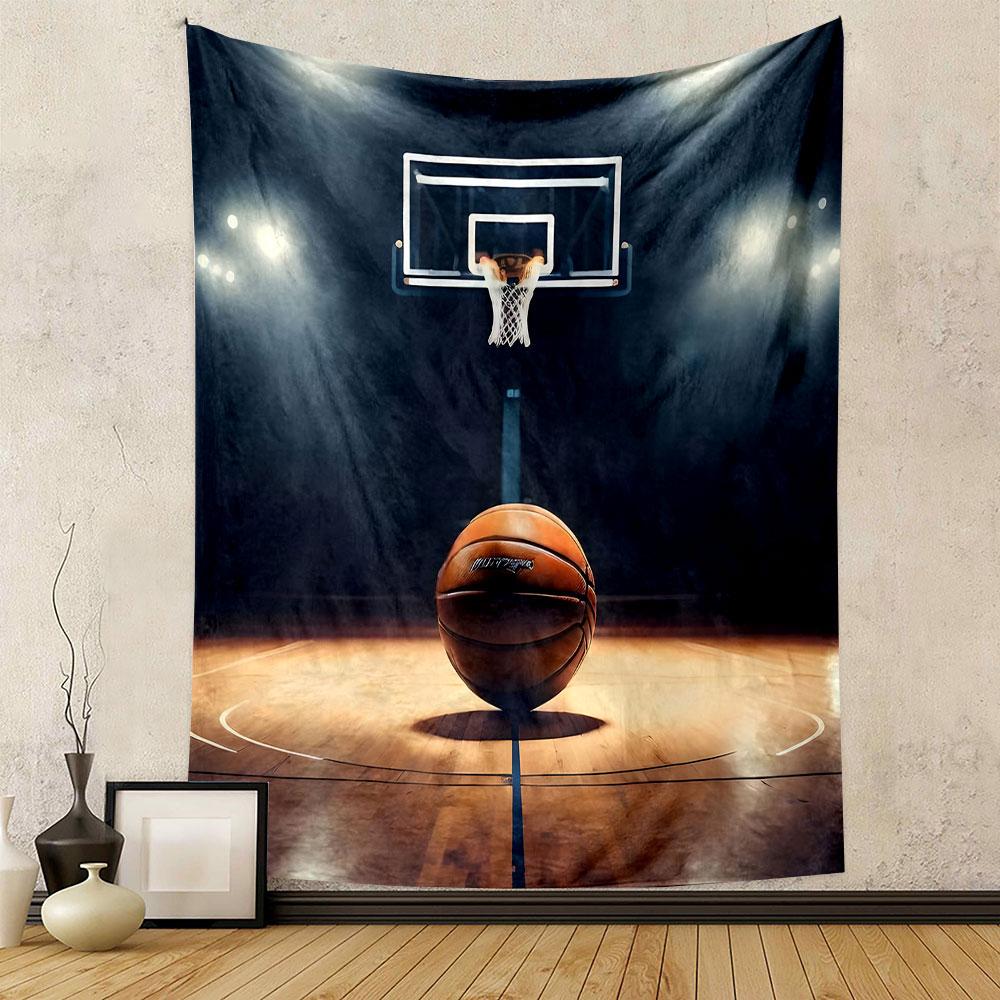 Basketball Court with Glowing Hoop Patterned Tapestry Decorative Wall Hanging, Home Bedroom Living Room Decor