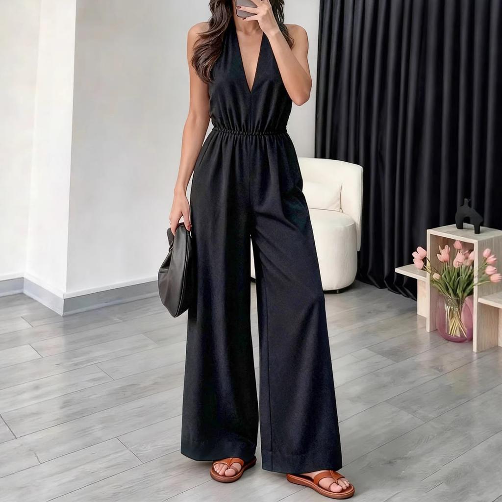Women Sleeveless V Neck Halter Neck Jumpsuit Wide Leg Elastic Waist Casual One Piece Romper