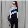 2026 Summer Women's Plus Size Korean Style Color Block Two-Piece Set: Short Sleeve T-shirt & Long Pants